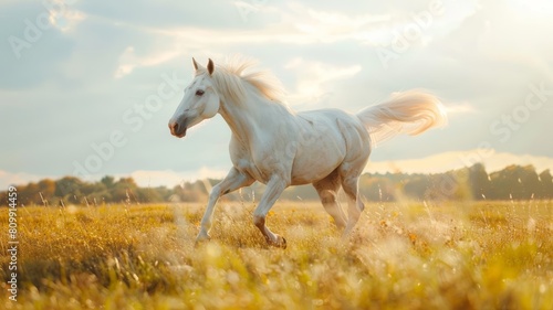 A white horse gallops across a field under a bright sunny sky
