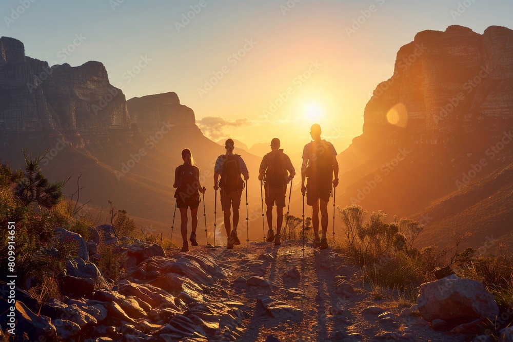 Group of People Hiking up a Mountain at Sunset