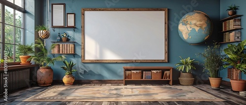 A blank whiteboard in a classroom setting, perfect for educational mockups photo