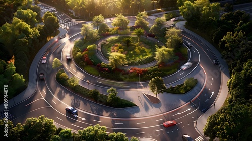 A roundabout featuring a traffic signal system guiding vehicles smoothly through the circle photo