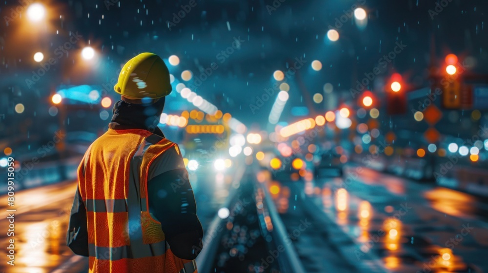 Workers in reflective clothing during work Workers in reflective clothing during work
