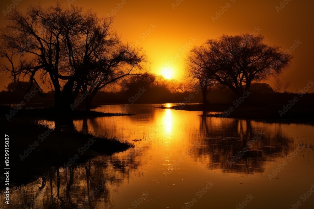 Peaceful sunset casting golden hues over calm waters, contrasting with silhouetted trees Peaceful sunset casting golden hues over calm waters, contrasting with silhouetted trees