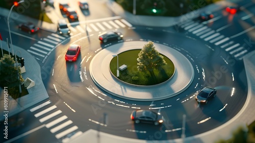 A roundabout featuring a traffic signal system guiding vehicles smoothly through the circle photo