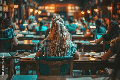 A determined individual attending a lecture, taking notes while surrounded by classmates in a bustling university lecture hall.