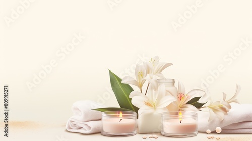 Create a calming spa treatment banner with towels candles and delicate flowers highlighting skincare and beauty rituals.