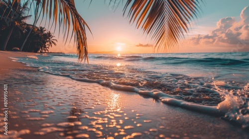 A serene beach at sunset  with gentle waves lapping against the shore. Silhouettes of palm trees frame the scene.