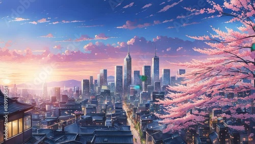 The city's buildings rise high among the blooming cherry trees, creating a stunning contrast between modernity and nature. seamless looping time lapse animated video background photo