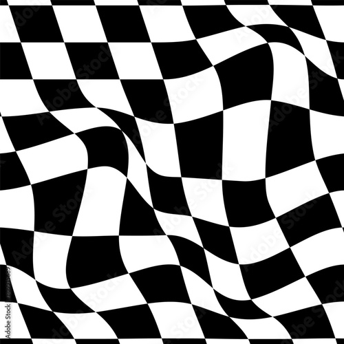 Vector checkered background with curved surface pattern. Black and white checkers
