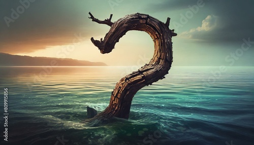 A simple ocean surface  a silhouette of a beautiful driftwood question mark  a fantastical atmosphere  a little realistic  mysterious  a little stylish. Generated by AI