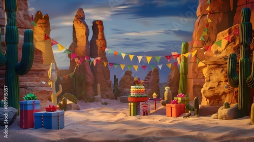 A sandy desert party at dusk, with a cactus-shaped cake, southwestern-style presents, and colorful bunting strung between rock formations © Love Mohammad