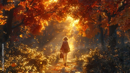 A girl skipping through a sun-dappled forest, her handbag bouncing along with her as she explores the magical surroundings photo