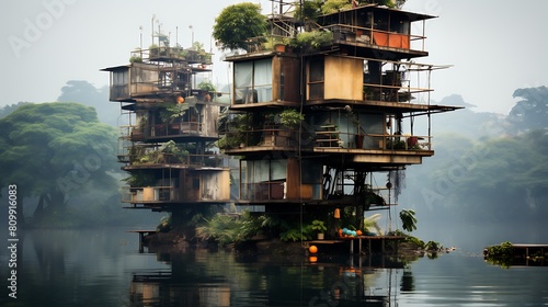 An office perched on stilts, seemingly floating. photo
