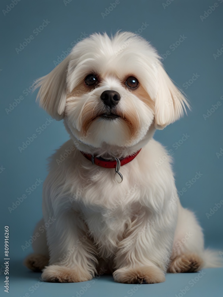 A Maltese dog is sitting on a light blue background and looking ahead. AI generated image