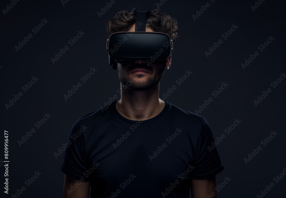 The man wearing a virtual reality headset and exploring a virtual world. The man wearing a virtual reality headset and exploring a virtual world.