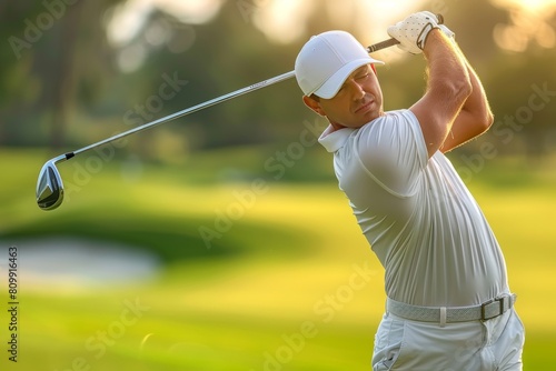 Man Swinging Golf Club on Golf Course photo