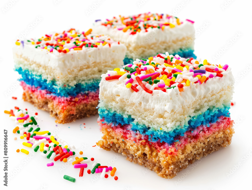 A colorful layered cake with sprinkles on top A colorful layered cake with sprinkles on top