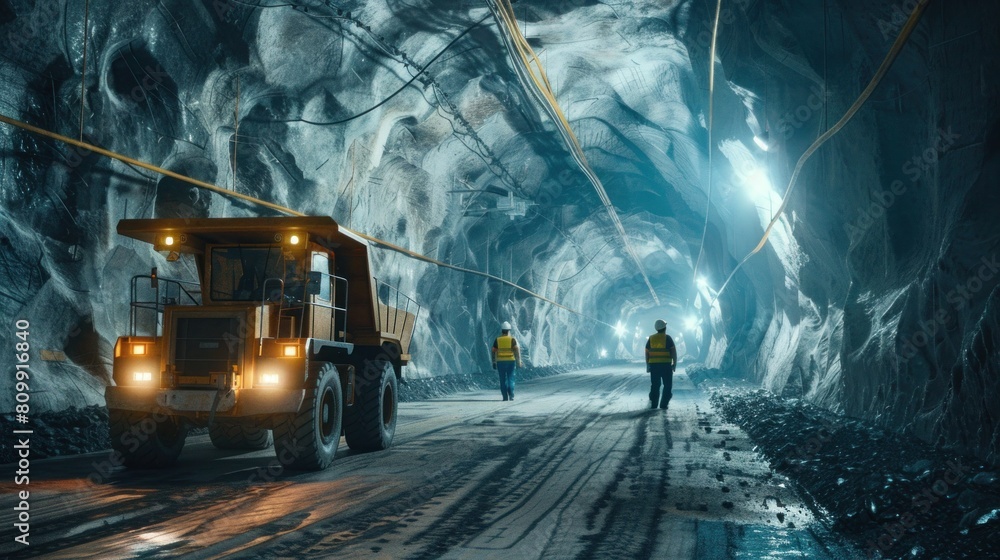 Miner inside a dark tunnel at a mine
