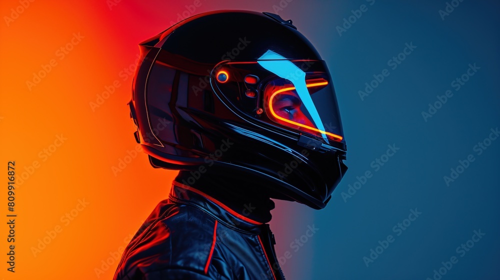 Male race car or moto driver wearing helmet and racing suit, with neon background. Sports concept Male race car or moto driver wearing helmet and racing suit, with neon background. Sports concept