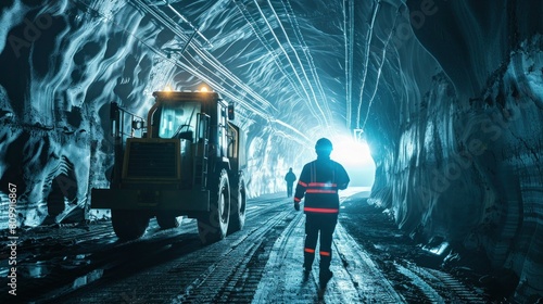Miner inside a dark tunnel at a mine