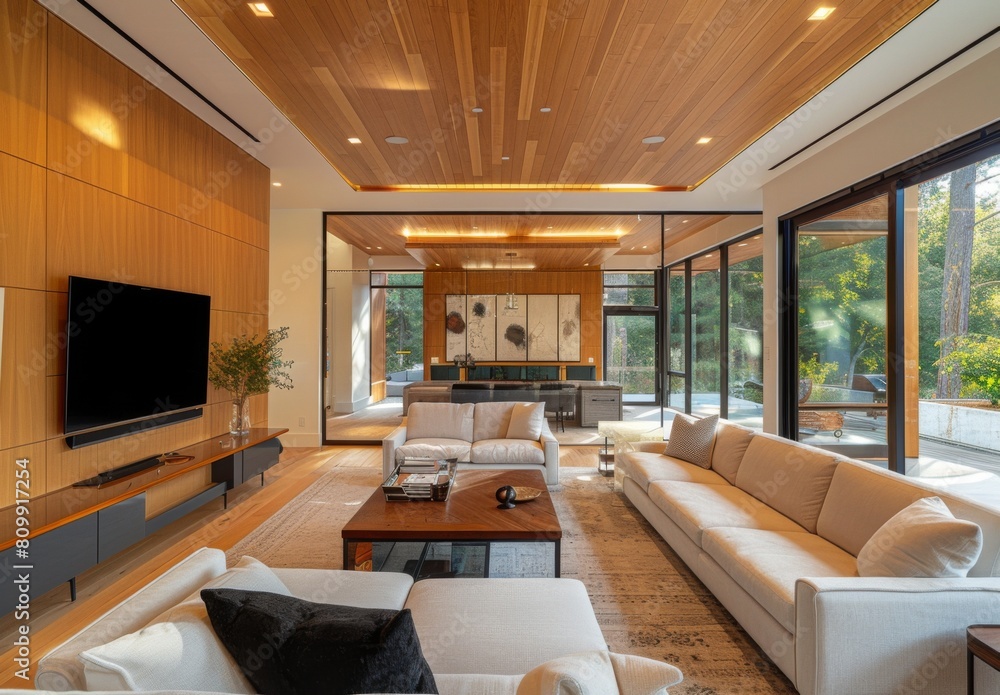 Fototapeta premium The photo shows a modern living room with a large TV, comfortable sofas, and a stylish coffee table. The room is decorated with wood and has a warm and inviting atmosphere.