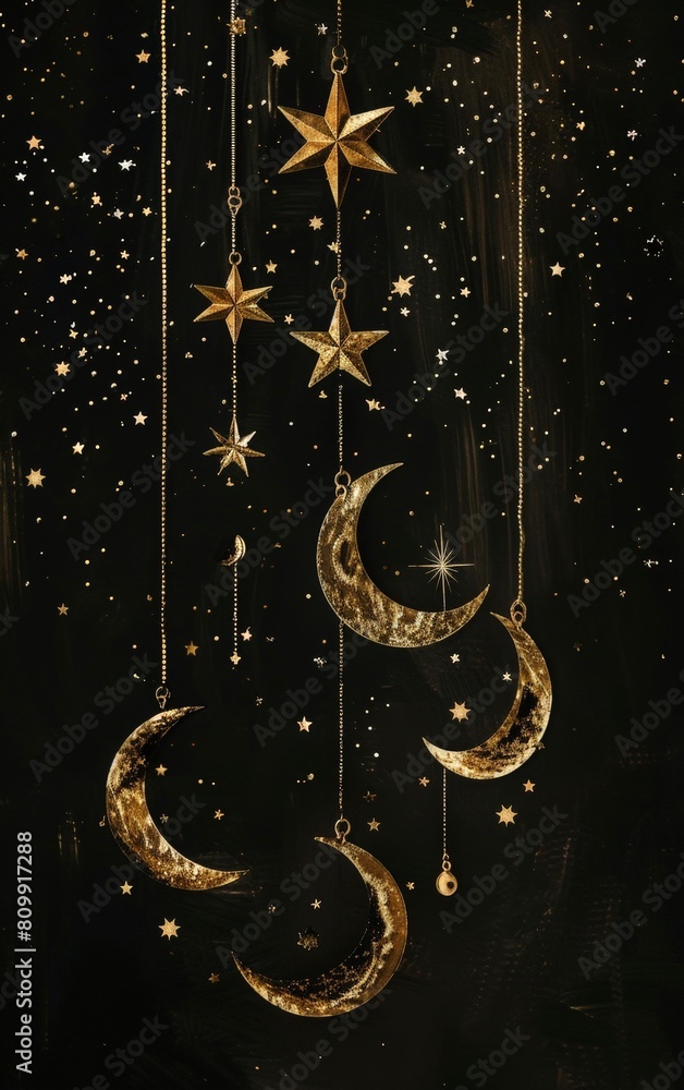 Magical Celestial Decoration with Golden Moons and Stars on a Dark Background Magical Celestial Decoration with Golden Moons and Stars on a Dark Background