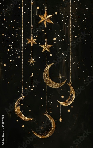 Magical Celestial Decoration with Golden Moons and Stars on a Dark Background