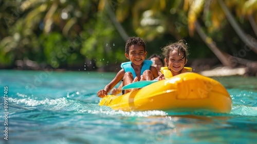 Two children are happily riding on top of a bright yellow raft on the water.