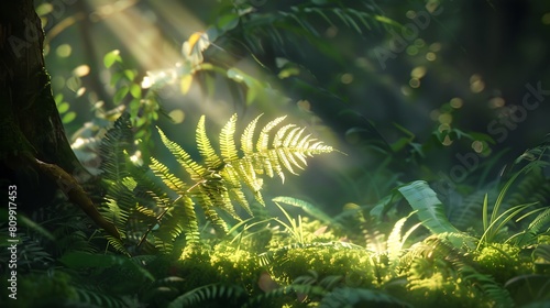 A singular fern frond illuminated by a shaft of sunlight in a shaded grove. Ratio
