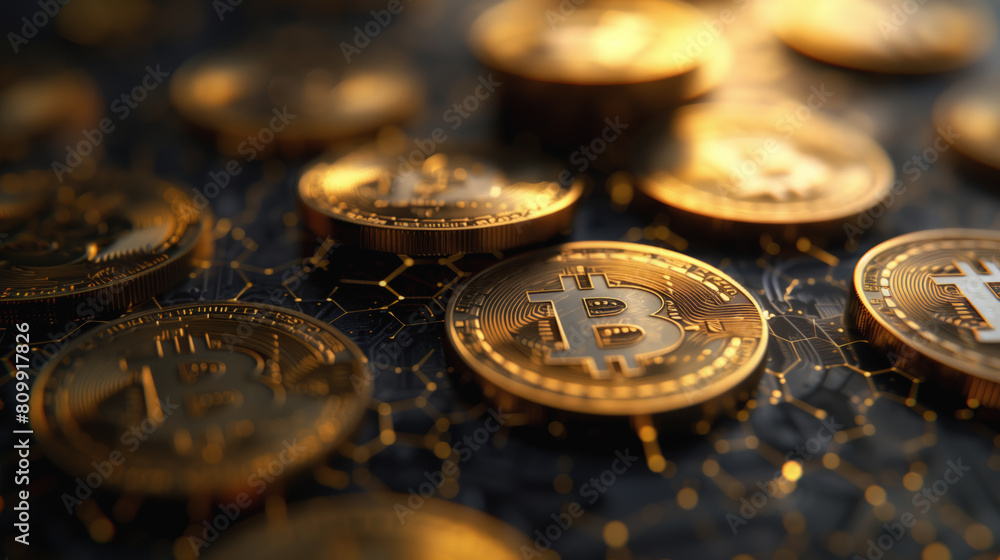 Golden bitcoins on digital network background Golden bitcoins on digital network background