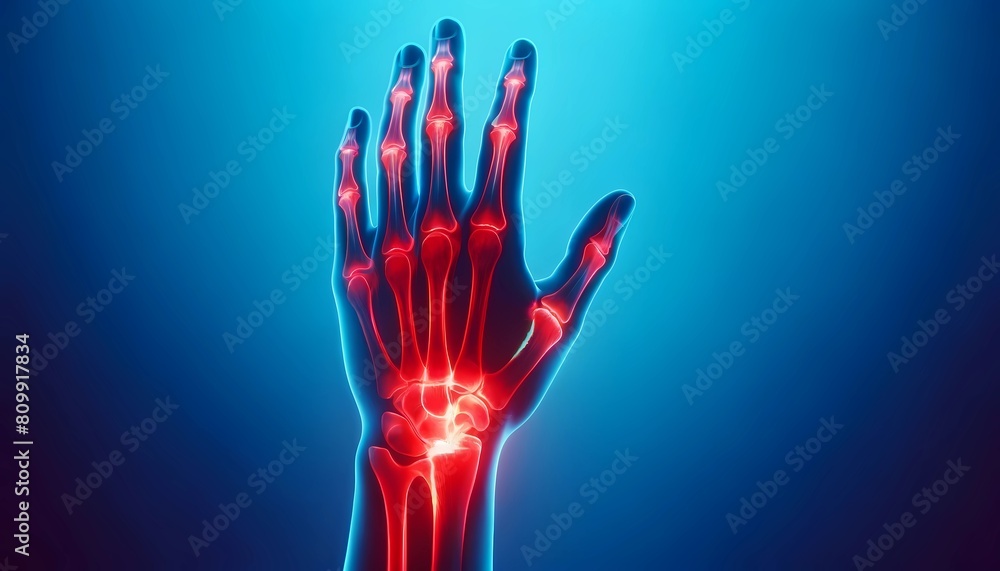 X-ray of a human hand showing skeletal structure and areas of pain in the wrist and fingers Concept of medical pain and diagnostics. X-ray of a human hand showing skeletal structure and areas of pain in the wrist and fingers Concept of medical pain and diagnostics.