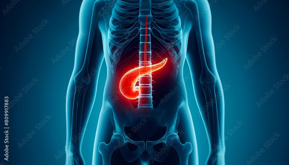 human body X-ray with the pancreas highlighted in red concept of medical painful and healthcare treatment human body X-ray with the pancreas highlighted in red concept of medical painful and healthcare treatment