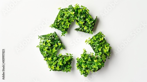 The image shows a recycle symbol made of green plants on a white background.