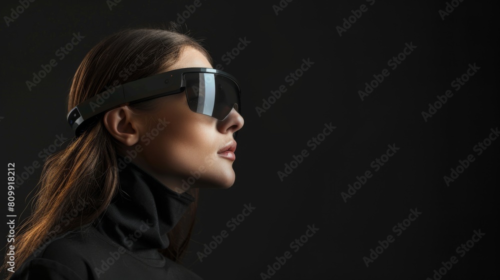 The woman wearing VR headset. She is looking at a virtual world. The headset is a new product that allows users to experience virtual reality. The woman wearing VR headset. She is looking at a virtual world. The headset is a new product that allows users to experience virtual reality.