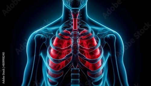 X-ray of a human thorax showing detailed medical pain anatomy of the lungs and airways Concept of respiratory health and pulmonary care