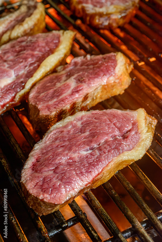 Barbecue of sliced picanha roasted over coals. This form of barbecue is widely consumed throughout Brazil.