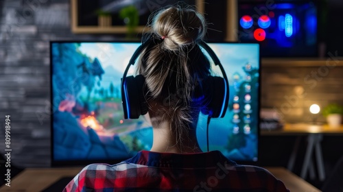 Woman wearing headphones sitting in front of widescreen gaming monitor