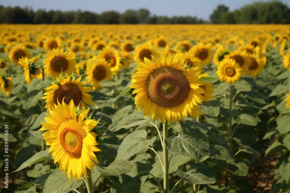 Fototapeta premium Vibrant field of blooming sunflowers under a clear blue sky