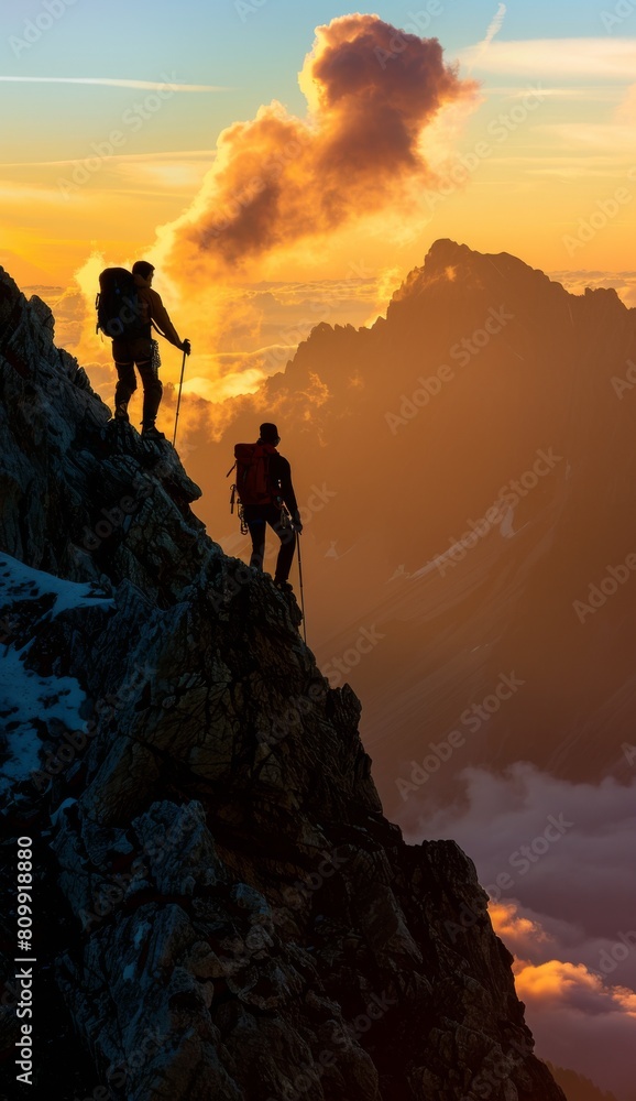 Two climbers on the summit of a mountain. The sun is setting behind them. The sky is orange and the clouds are pink. The climbers are silhouettes.
