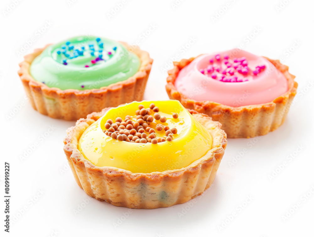 Three small pastries with different colored frosting and sprinkles Three small pastries with different colored frosting and sprinkles