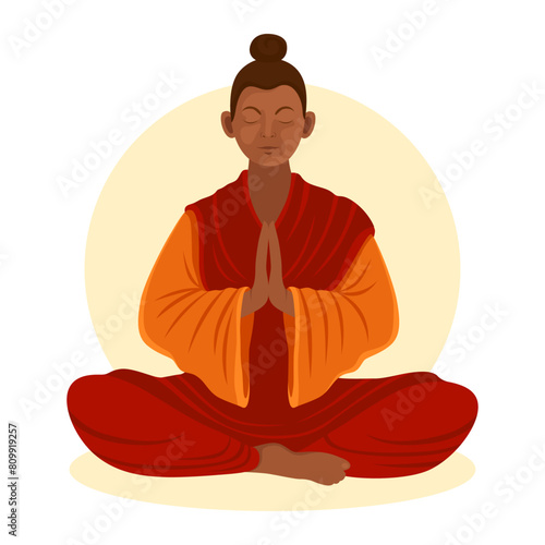 Buddhist, buddhist monk in a meditation pose. Man in red and yellow clothes meditates. Hands folded in prayer. Concept of meditation, yoga. Character vector Illustration, white background. 