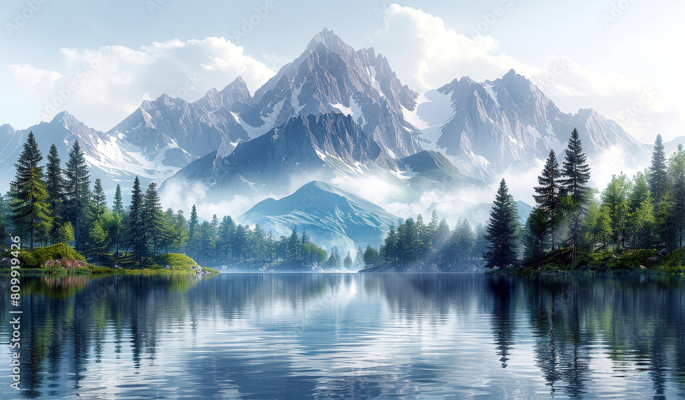 green forest, lake and mountains, pretty trees in the foreground, simple art style, on a white background