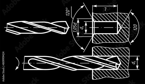 Vector engineering cad drawing of a mechanical part 
(steel drill bit). Computer aided design of machine parts 
with dimension lines. Technical cad background.