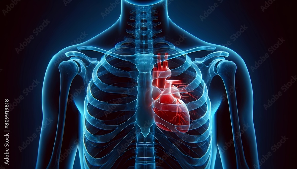 X-ray of the upper human body focusing on the heart pain within the rib cage cardiovascular health and anatomy - Concept of heart health and medical diagnostics X-ray of the upper human body focusing on the heart pain within the rib cage cardiovascular health and anatomy - Concept of heart health and medical diagnostics