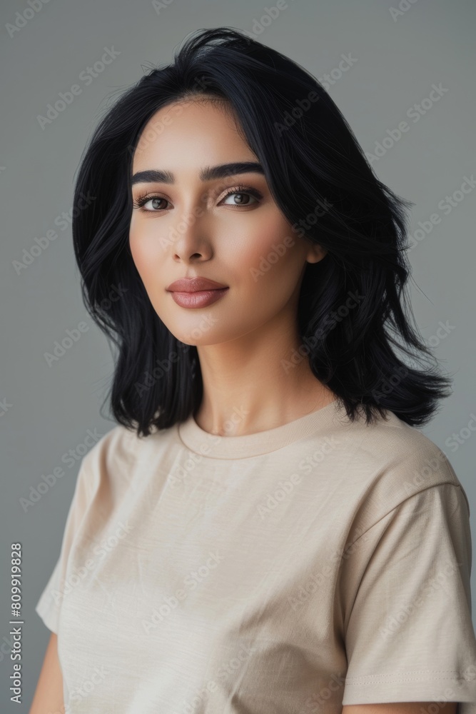 Portrait of arabic woman with black hair wearing a beige t-shirt Portrait of arabic woman with black hair wearing a beige t-shirt