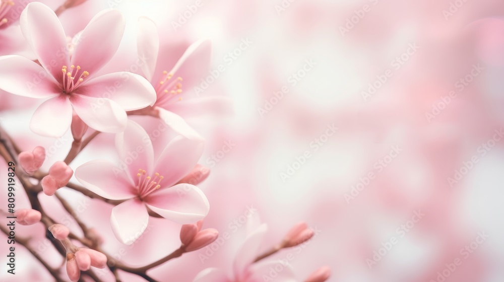 Fototapeta premium Design a fashion boutique s spring collection online banner with pink frangipani flowers softly blurred in the background.