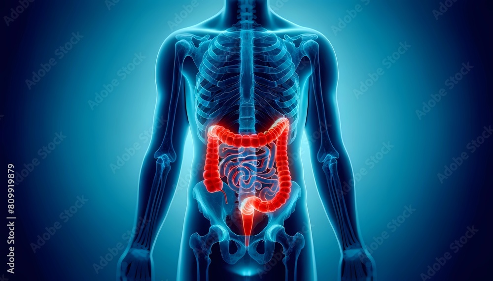 x-ray visualization of the gastrointestinal tract with highlighted stomach in red, depicting gastric issues, Concept of gastroenterology and digestive health x-ray visualization of the gastrointestinal tract with highlighted stomach in red, depicting gastric issues, Concept of gastroenterology and digestive health