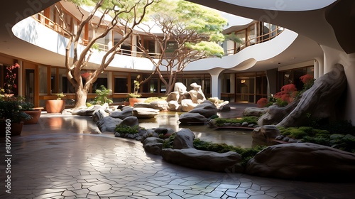 Courtyards featuring sculptures and water features.