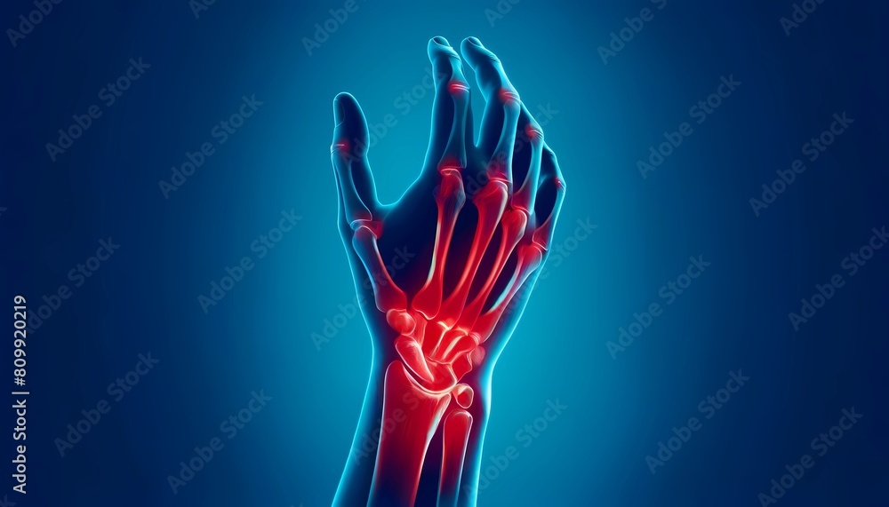 X-ray of a human hand showing skeletal structure and areas of pain in the wrist and fingers Concept of medical pain  and diagnostics.