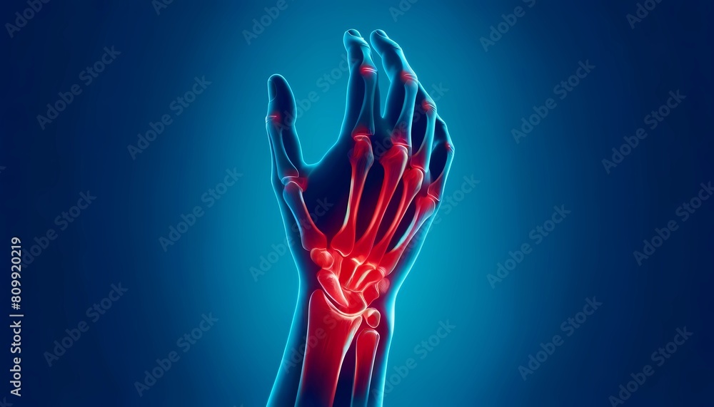 X-ray of a human hand showing skeletal structure and areas of pain in the wrist and fingers Concept of medical pain and diagnostics. X-ray of a human hand showing skeletal structure and areas of pain in the wrist and fingers Concept of medical pain and diagnostics.