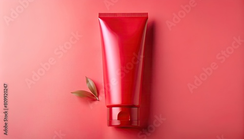 Wallpaper Mural glossy red cosmetic tube mockup cream gel with two small green leaves on red background Torontodigital.ca